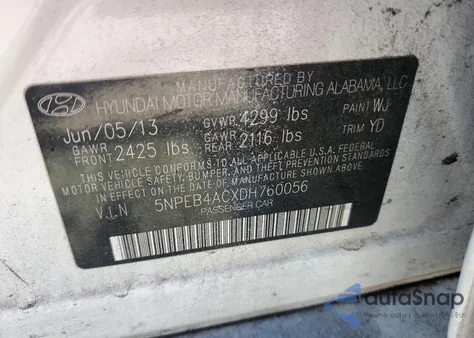 2013 Hyundai Sonata Gls z USA, uszkodzony, nr VIN 5NPEB4ACXDH760056